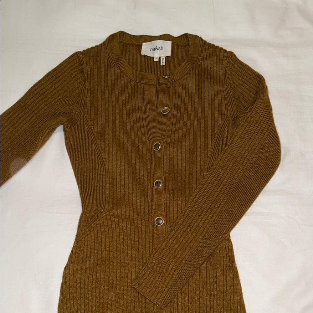 ba&sh Ribbed Button-Front Knit long Dress in Olive Brown